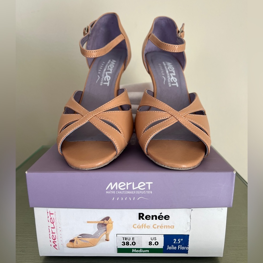 MERLET Renee Caffe Crème Leather 2.5 Jolie Flare Heel Medium Dance Size 8